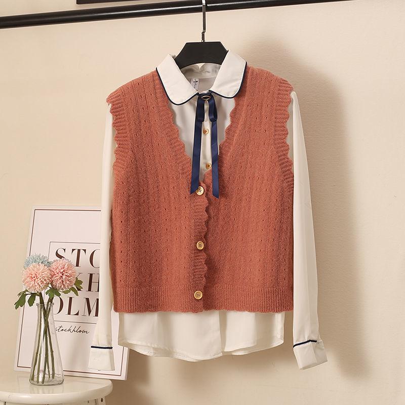 Wool Knitted Vest Women's Vest Spring and Autumn Loose Short Wave Side Single-breasted Hollow Sweater Small Cardigan