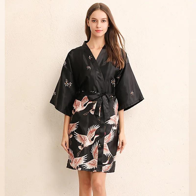 Women's Spring Autumn Winter Sexy Pajamas Crane Night Robe Bride Wedding Dressing Robe Embroidery Bridesmaid Long Bathrobe Home Wear