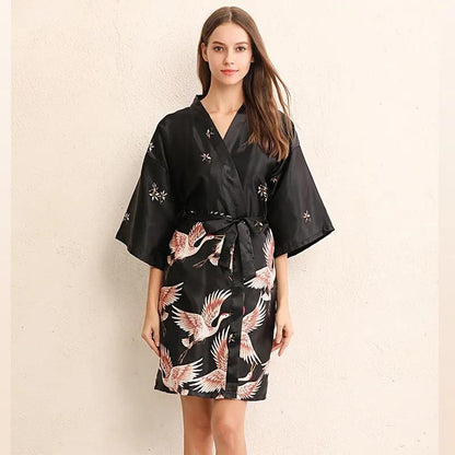Women's Spring Autumn Winter Sexy Pajamas Crane Night Robe Bride Wedding Dressing Robe Embroidery Bridesmaid Long Bathrobe Home Wear