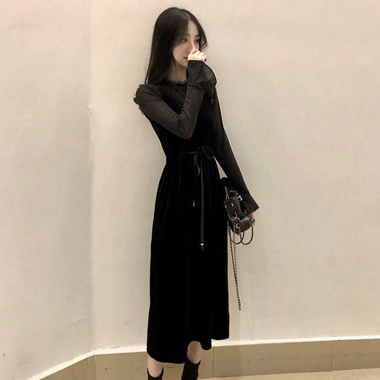 Fashion black lace lace dress Slim lace suspender dress female plus size long sleeve dress woman