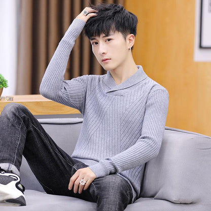 Fall/Winter Men's Lapel Sweater Fashion Personality Knitwear Pure Color Long Sleeve Youth Base Shirt