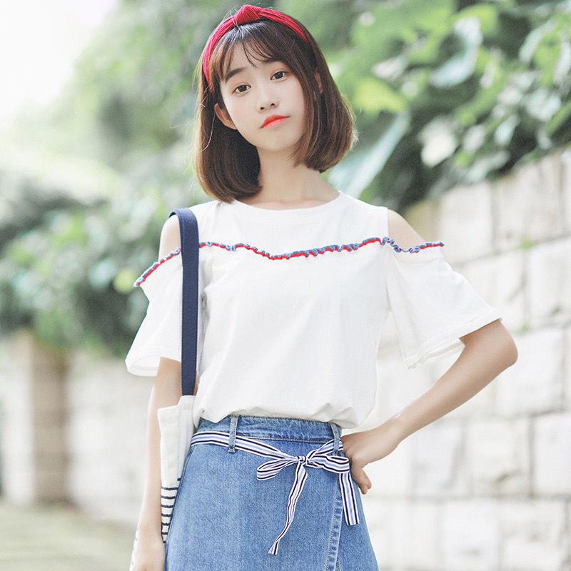 Women's Off-shoulder Tops Short-sleeved T-shirts Women's Loose Casual and Versatile Sweet Wind Round Neck Off-shoulder Tops