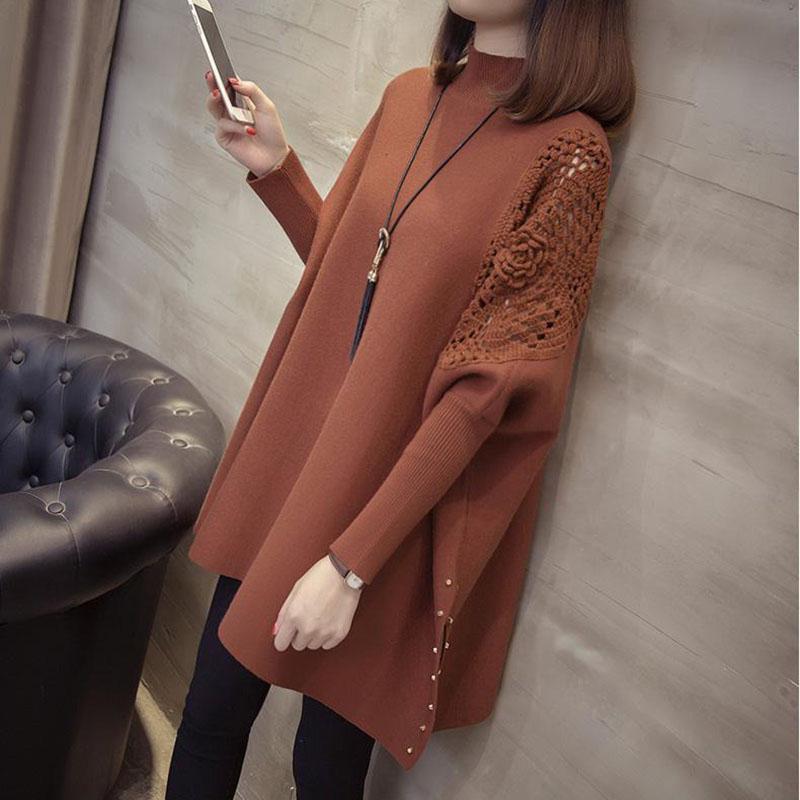 Autumn and Winter Long Bat Sleeve Sweater Half High Neck Knitted Loose Top Casual Large Size Women's Jacket