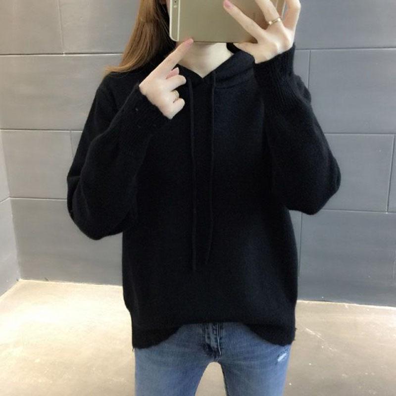 Hooded Sweater Women Loose Pullover Knit Sweater with Pockets for Outer Wear Base Knit Jumper