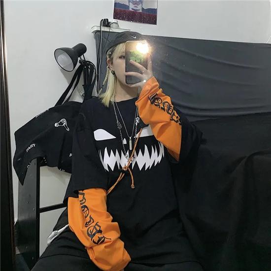 Dark Gothic Funny Pumpkin Fake Two Loose Long Sleeve T-shirts Modern Fashion Long Sleeve Clothing