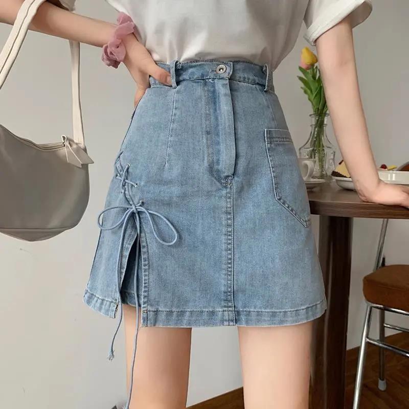 Women Sexy Sweet Solid Split Denim Skirt High Waist Above Knee Hip Skirt Casual Club Home Office