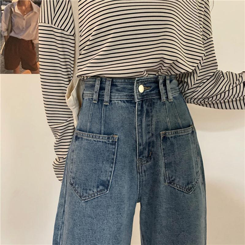 WTEMPO Women's Jeans  Wide Leg Straight  Denim Big Pocket Trousers Button Split Loose and Slim