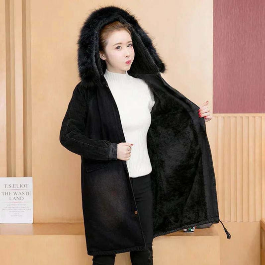 Denim Cotton Jacket Women's Mid-length Autumn and Winter Loose Plus Velvet Thick Cotton Coat Tide