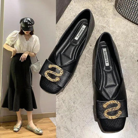 Retro British Style Square-toed Ladies Flat Shoes Non-slip Lightweight Soft Leather Non-grinding Feet Working Women Can Wear Casual Shoes
