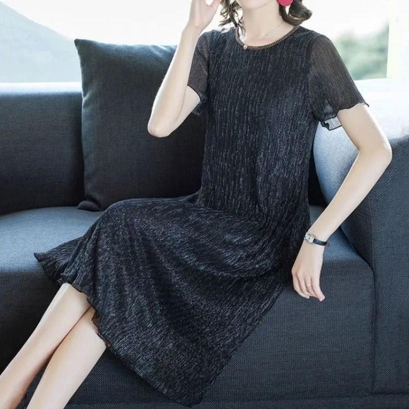 Summer Women Long Large Size Dresses Short Sleeves Solid Color Over-the-knee Long Skirts Casual Women's Pleated Skirts