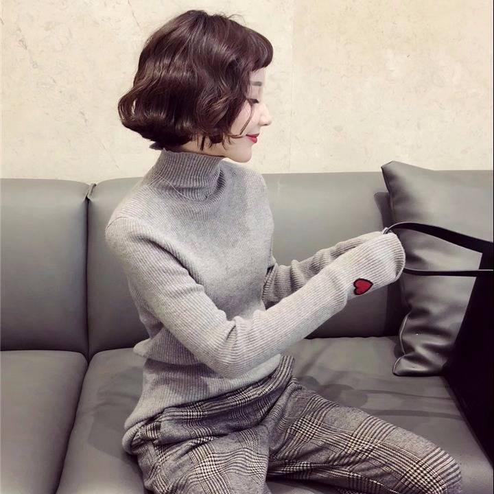 Women Embroidery Turtleneck Knitted Bottoming Shirt Slim Was Thin Wild Sweater Solid Color