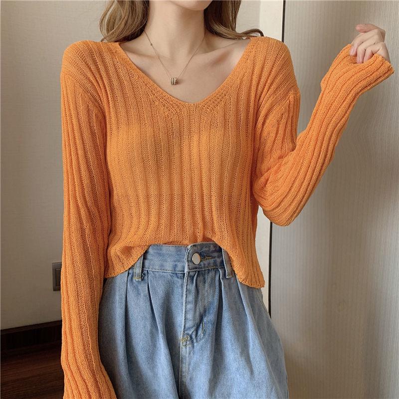 Girly White V-neck Sweater Women Spring and Autumn Korean Loose Thin Long-sleeved Sunscreen Top