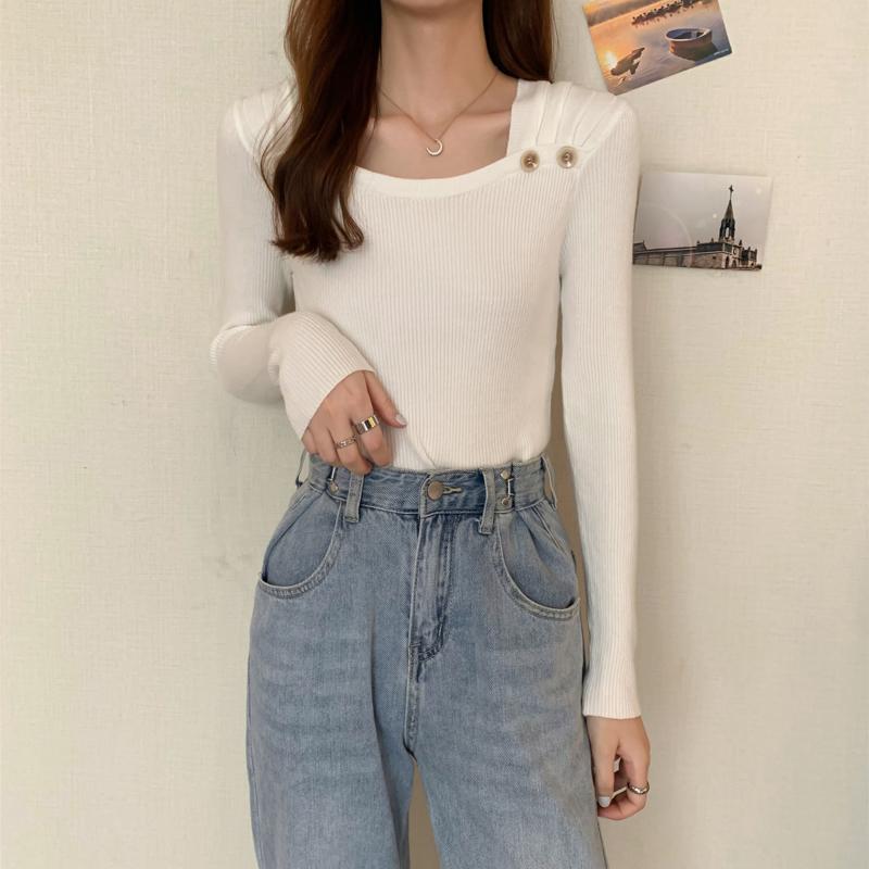 Women Winter Sweater White Pink Purple Square Collar Long Sleeve Slim Pullovers Korean Fashion Knitted Jumper Fall Casual Solid Women Girl Knitwear