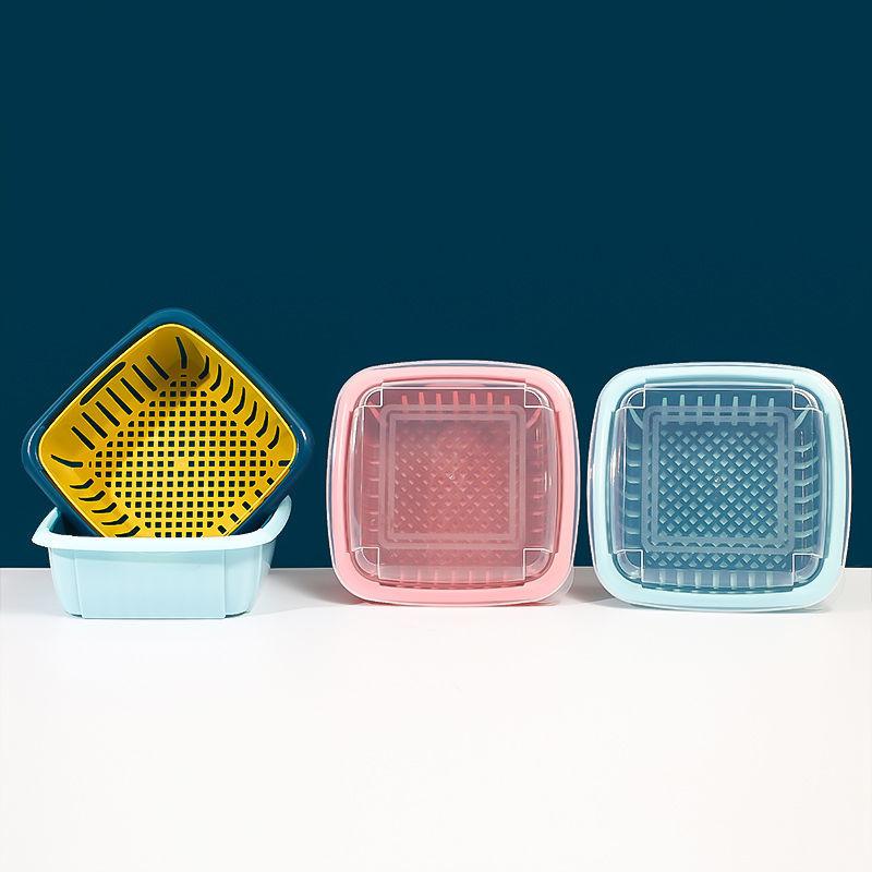 Double-layer Drain Box Refrigerator Multi-function Household Kitchen Vegetable and Fruit Drain Basket Plastic Vegetable Sink with Lid