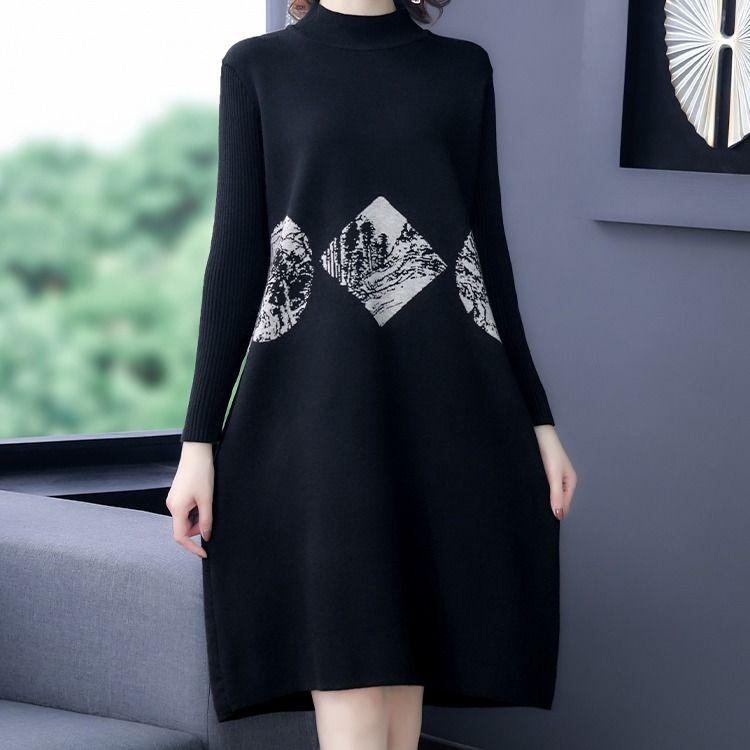 Autumn and Winter Plus Size Thick Sweater Half High Neck Loose Knit Top Mid-length Middle-aged Ladies Sweater Dress