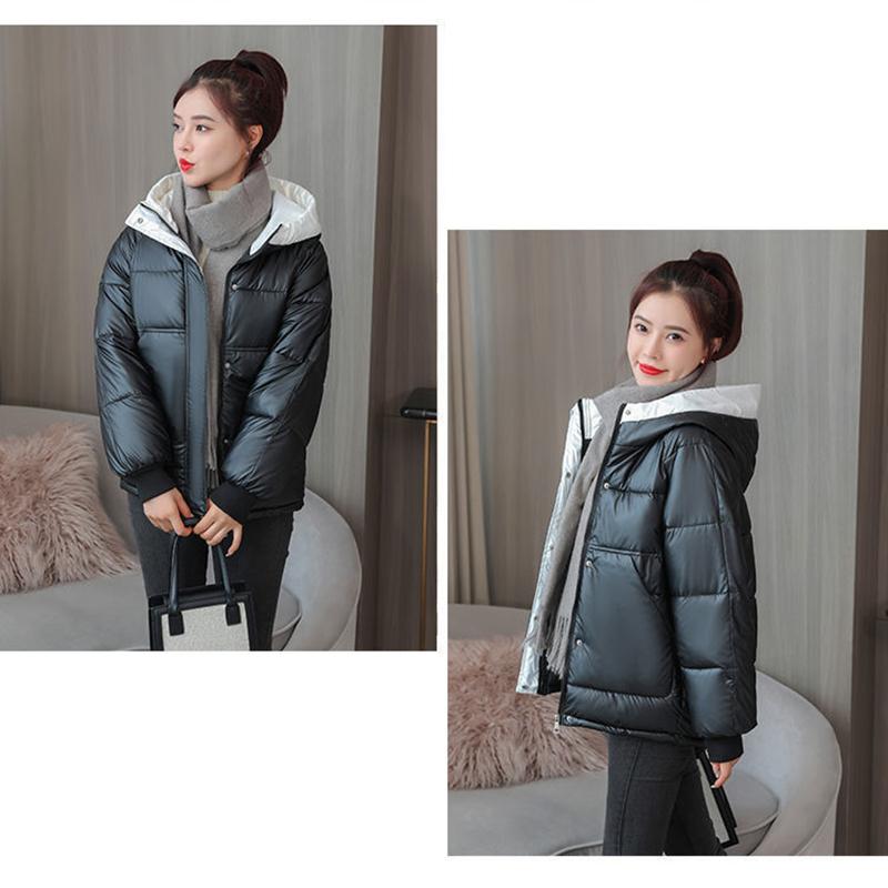 Women's Bright Short Down Jacket Winter Korean Loose Quilted Jacket Casual Stand-up Collar Hooded Down Jacket Quilted Jacket