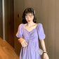 Women's Summer Puff Sleeve Dress Slim Solid Color V-neck A-line Skirt