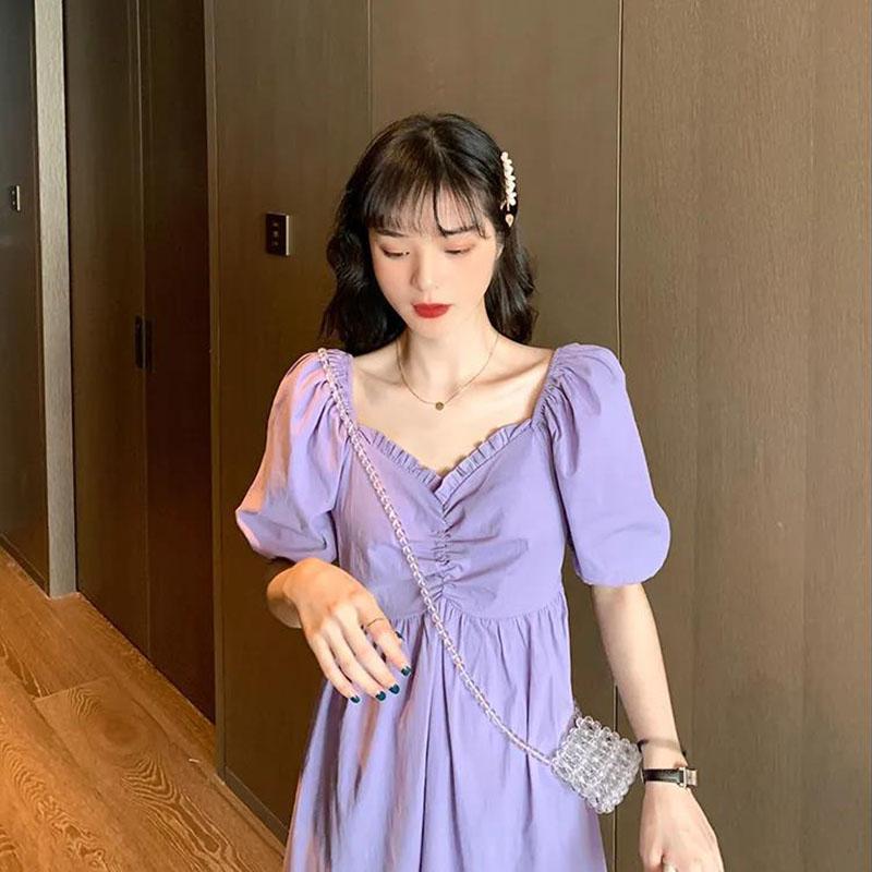 Women's Summer Puff Sleeve Dress Slim Solid Color V-neck A-line Skirt