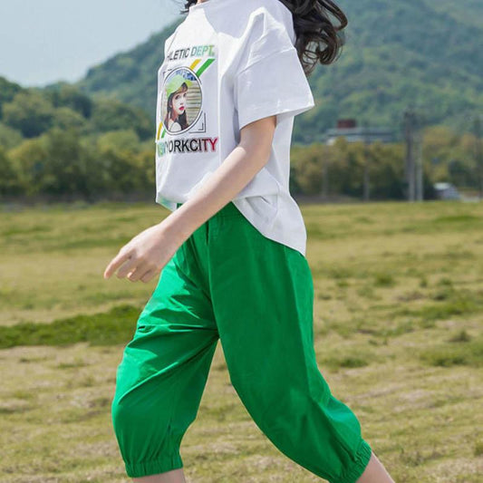 Girls Summer Short-sleeved Plaid Cropped Pants Sports Suit Children's Cute Breathable Sweat-absorbing Comfortable Two-piece Suit