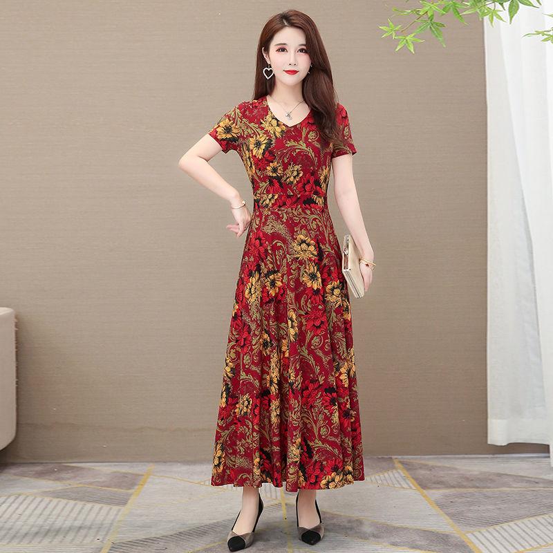 Summer Women's Short-sleeved Women's Dress V-neck Printed Long Dress Slim Fit Thin Large Swing Dress A-line Waist Dress Rice Fabric Is Soft and Light