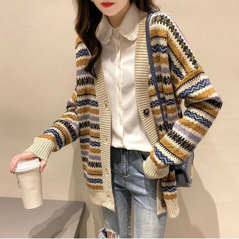 Retro Striped Knitted Cardigan Autumn and Winter Fashion Loose Sweater Plus Size Casual Jacket