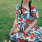 Cute Girl Puff Sleeve Dress Retro Print Long Loose Mid-length Skirt