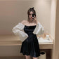 Fashion Spring Stitching Bubble Sleeve Dress Sexy Slash Neck Off Shoulder Dress A-line Dress