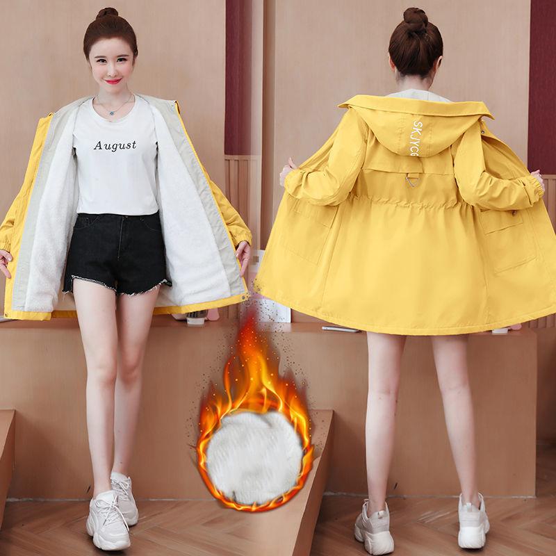 Parker Overcome Plus Velvet Thick Warm Jacket Women's Drawstring Waist Slim Slimming Mid-length Hooded Windbreaker