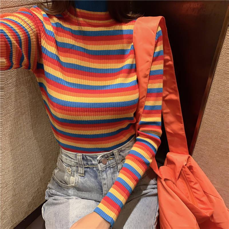Cute O-neck Colorful Striped Pullover Short Sweater Women Open Navel Slim Waist Knitwear