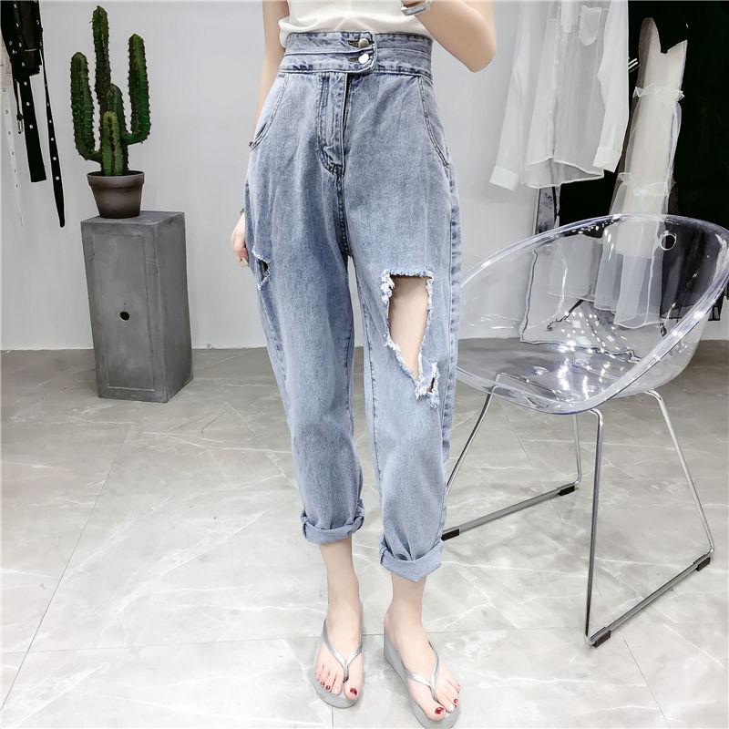 WTEMPO Hole Jeans Were Thin Female Loose Women Were Thin Straight Pants High Waist Nine Points Pants