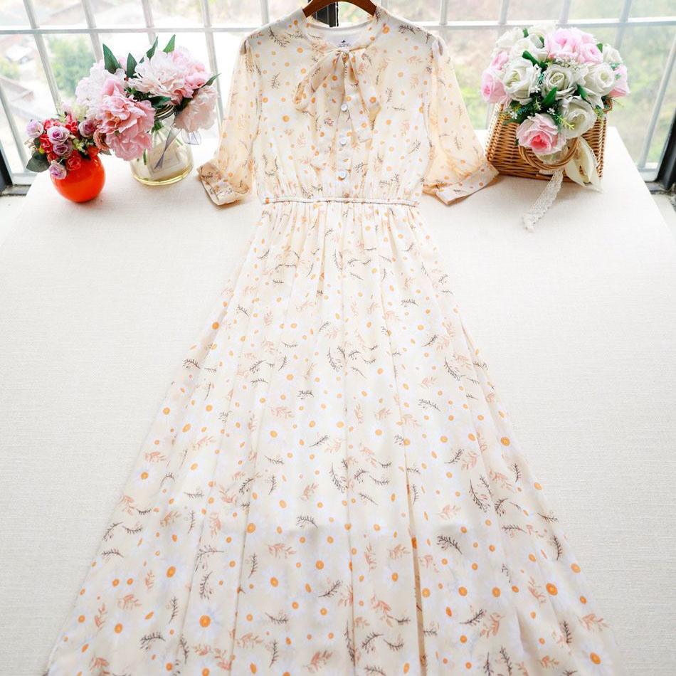 Female Vintage High Waist Super Fairy Holiday Dress Elegant Slim Chiffon Floral Print Lined Dress