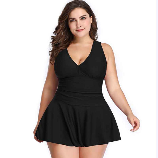 Plus Size Swimsuit Europe and America Cover Belly Solid Color Lace Print Split Skirt Swimsuit