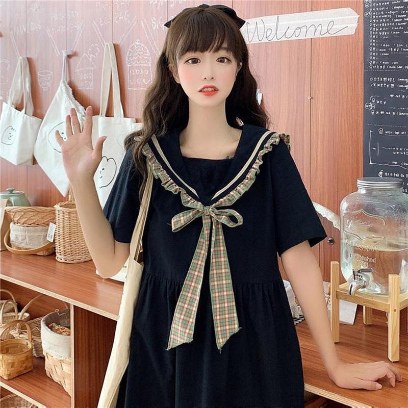 Solid Color Sailor Collar Navy Dress Sweet Bow-knot Girl Retro Style Student Girls Knee-length Dress
