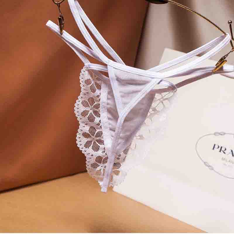 Low Waist Cross Thong Lace Women Pearl Transparent Mesh Panties Flirtatious Bundled