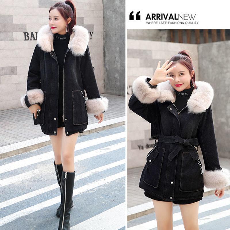 Winter Plus Velvet Thick Denim Jacket Women Loose Snow Rabbit Fur Mid-length Denim Cotton Jacket Casual Plus Size Women's Jacket