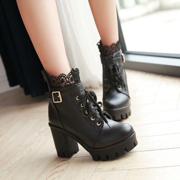 Martin Boots Waterproof Platform High-heeled Boots Lace Autumn and Winter Women's Shoes Boots Botas