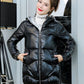 Women's Glossy Mid-length Down Jacket Winter Korean Style Loose Cotton Clothes Casual Hooded Padded Jacket