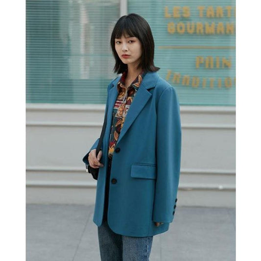 Suit Jacket Female Korean Student Mid-length Small Suit Blue Retro Casual Loose Single-breasted Street Style
