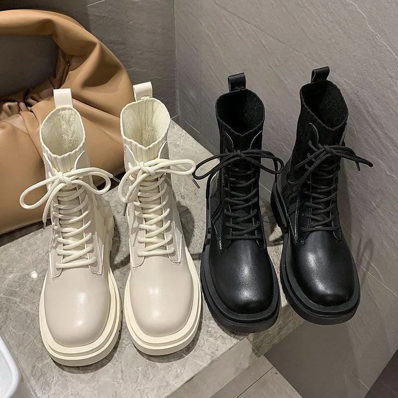 Martin Boots Women's Autumn and Winter British Style Wild Knit White Boots Thick Bottom Short Boots Women