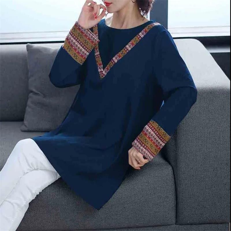 Women's Fashion Casual Tops Splicing Ethnic style Long Sleeve Ladies Loose O-Neck Sweatshirt Pullovers
