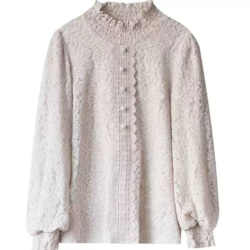 Dark Green Thick Shirt Wild Lace Bottoming Shirt Women's Inner Mesh Collar Blue Crochet Lace Shirts