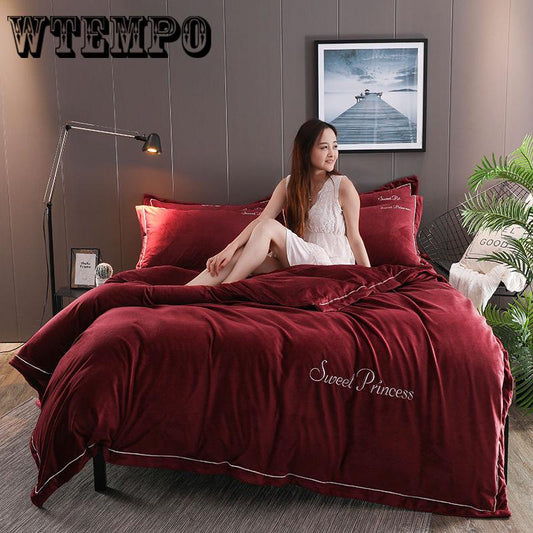 Winter Bedding 4pcs Set King Size Soft Warm Coral Fleece DuvetCover Bedsheet Pillow