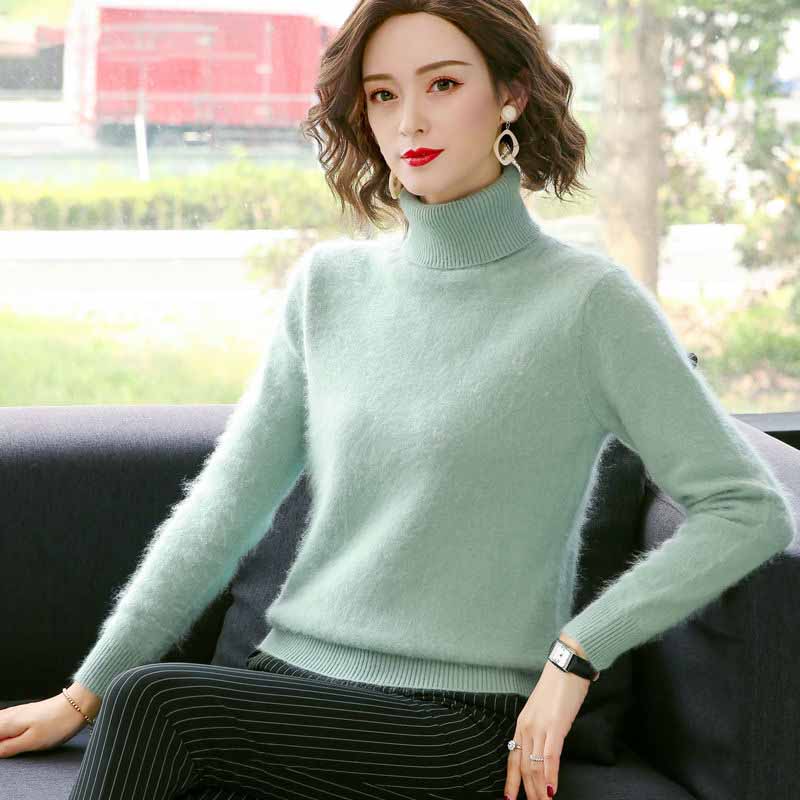 Women's Turtleneck  Mink Sweater Thick Warm Slim Pullover Sweater 100% Real Mink Hair Fuzzy Sweater