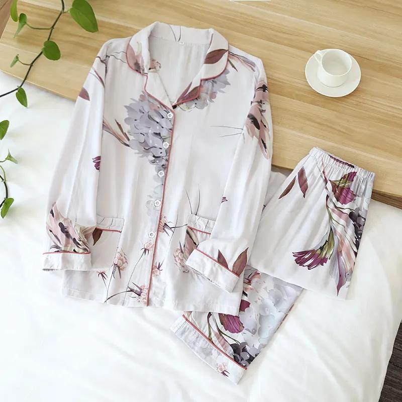 Spring Autumn Pajama Women Long Sleeve Trousers Ladies Sleepwear Suit Simple Casual Loose Pajamas Women's Home Wear