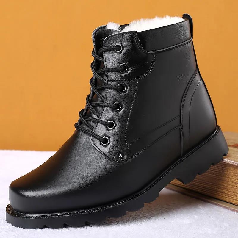 Leather Cotton Boots Men's Winter Non-slip Wool Boots Warm Cotton Shoes Men's Snow Boots Outdoor Combat Men's Boots