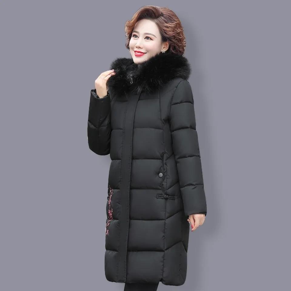 Elderly Winter Padded Jacket Women's Mid-length and Thicker Warm Embroidered Quilted Jacket