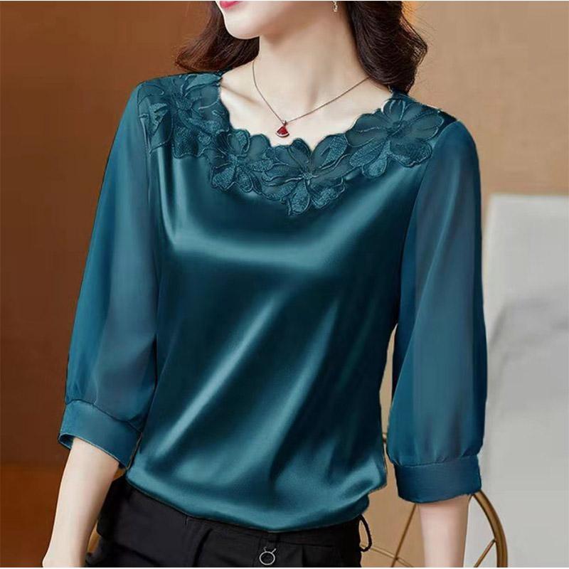 Three-quarter Sleeves Plus Size Chiffon Top Women's Embroidered Loose Round Neck Satin Mother's Belly Cover Shirt