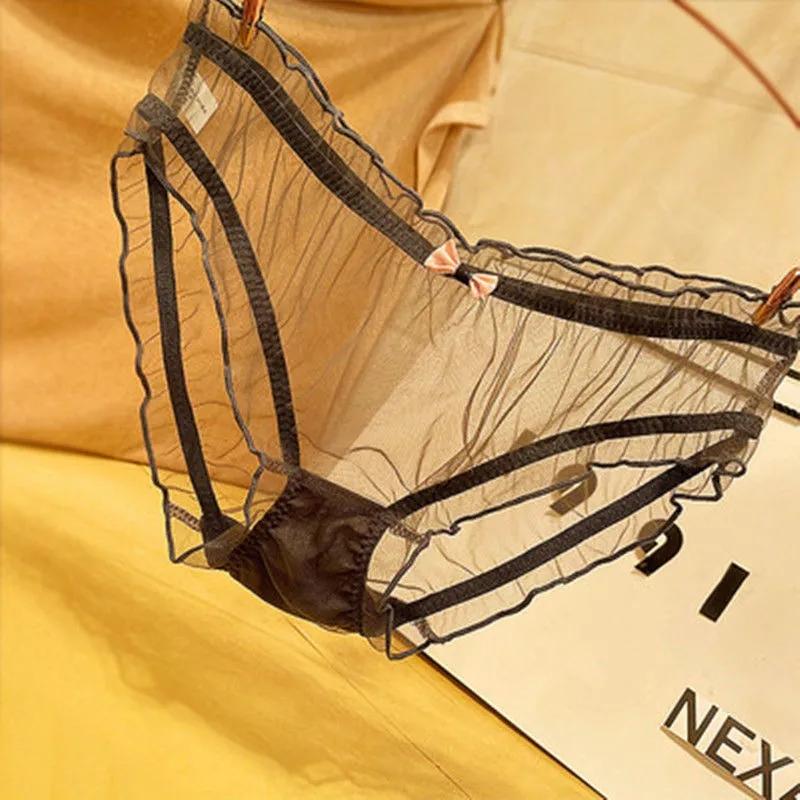 3PCS Japanese Sexy Girl Lace Panties Ultra-thin Transparent See-through Briefs Temptation Low-waisted Bottoms Mesh Hollow Out Underwear Shorts