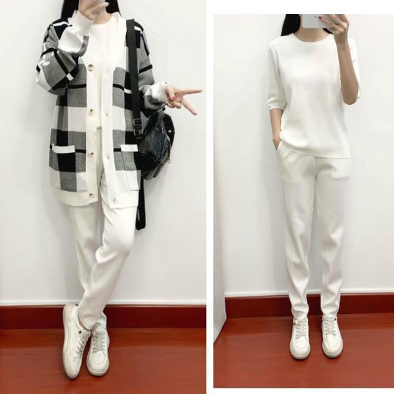 3pcs/set Knit Suit Women's Casual Plaid Knitted Cardigan +sweater + Knitted Harem Pants 3 Piece Set Ladies  Jogging Outfits Autumn Spring