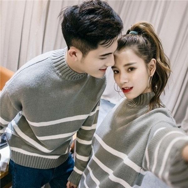 Autumn and Winter Casual Sweater Striped Pattern Loose Top Men and Women Half High Neck Lover's clothes